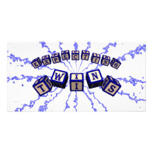 Expecting Twins toy blocks in blue. Custom Photo Card
