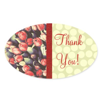 Fab Red with trim & Tulips! Thank You! Oval Stickers by JayneLogan