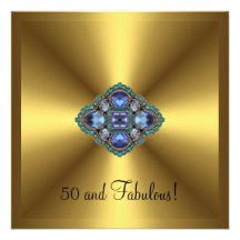 Fabulous 50th Gold Blue Jewel Elegant Birthday Invitation