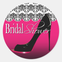 Fabulous Scalloped Damask Stiletto Bridal Shower Round Sticker