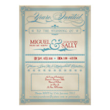 Faire-part de mariage blanc et bleu rouge vintage