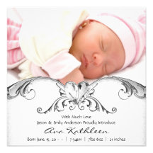 Faire-part de naissance blanc argenté de photo de 