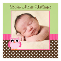 Faire-part de naissance vert rose de photo de hibo invitations