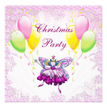 Fairy, Balloons, Snowflake Sequins Christmas Party Custom Announcements