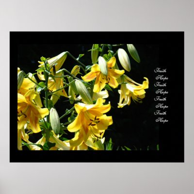 Faith Hope Art Print Yellow Glowing Lily Flowers by Basleeartprintgifts