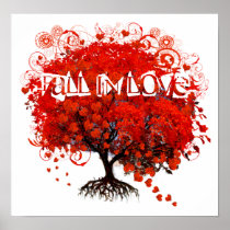Fall In Love Red Tree With Hearts Falling Posters