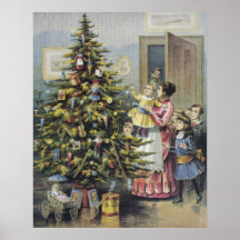 Famille victorienne vintage de Noël ; Arbre de Noë Affiches
