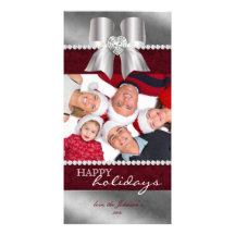 Family Christmas Heat Bow Photo Card Red Grey