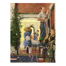 Family Decorating the House for Christmas Post Cards