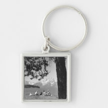 Family having picnic by lake mountains keychain