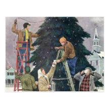 Family Stringing Lights on the Christmas Tree Postcard