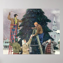 Family Stringing Lights on the Christmas Tree Posters