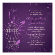 Fanciful Bird Cage with Swirls Aubergine Wedding Custom Announcement