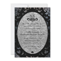 Fancy Black Damask Oval Goth Wedding Invite
