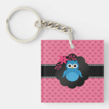 Fancy blue owl pink hearts key chain