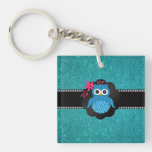 Fancy blue owl turquoise owl square acrylic keychain
