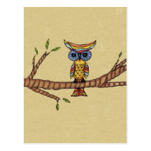 Fancy Colourful Owl Branch Postcard