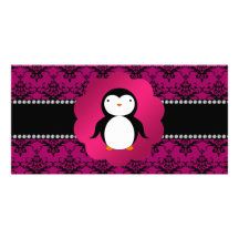 Fancy penguin pink damask photo cards