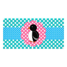 Fancy penguin turquoise polka dots picture card