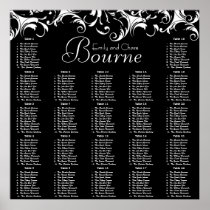 Fancy Swirl Black Damask Reception Seating Chart Poster