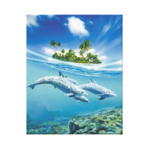 Fantasy Dolphins Swimming Tropical Island Picture Gallery Wrap Canvas