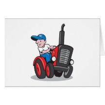 Farmer Driving Vintage Tractor Cartoon Card