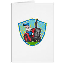 Farmer Driving Vintage Tractor Cartoon Greeting Card