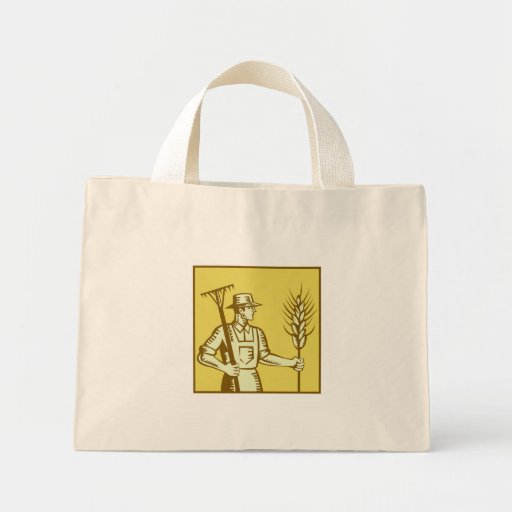 Farmer With Rake and Wheat Woodcut Bags