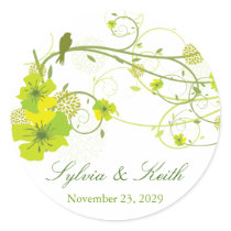 fatfatin Green Hibiscus Swirls & Swallows Wedding Round Stickers