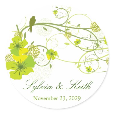 fatfatin Green Hibiscus Swirls & Swallows Wedding Round Stickers by fat_fa_tin