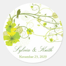 fatfatin Green Hibiscus Swirls & Swallows Wedding Round Stickers