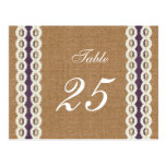 FAUX Burlap and purple lace wedding table numbers Post Cards