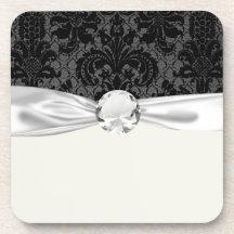 faux lace black grey damask pattern drink coasters