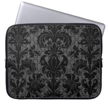 faux lace black grey damask pattern laptop computer sleeves