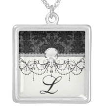 faux lace black grey damask pattern pendant