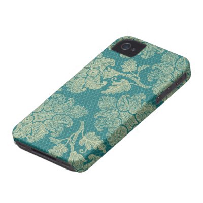 faux lace teal and cream floral damask pattern case-mate iphone 4 case by dooni_damask