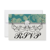 faux lace teal and cream floral damask pattern invites