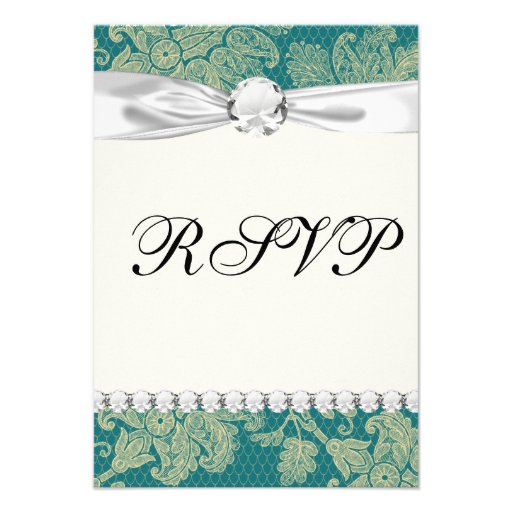faux lace teal and cream floral damask pattern custom announcements