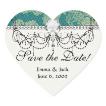 faux lace teal and cream floral damask pattern heart stickers