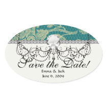 faux lace teal and cream floral damask pattern oval stickers