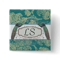 faux lace teal and cream floral damask peacocks button