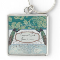 faux lace teal and cream floral damask peacocks keychain
