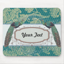 faux lace teal and cream floral damask peacocks mousepad
