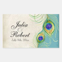 Favour Gift Sticker - Peacock Feathers Wedding Sea
