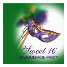 Feather Mask Purple Sweet 16 Masquerade Party Personalized Invitation