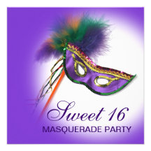 Feather Mask Purple Sweet 16 Masquerade Party Custom Invites