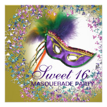 Feather Mask Purple Sweet 16 Masquerade Party Invitations