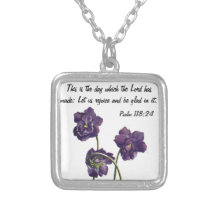 February violet flower w/bible verse necklace