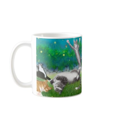 Feline Fun with Fireflies Mug by twopurringcats