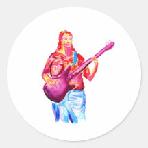 Female bass player watercolour painting, colourful round stickers